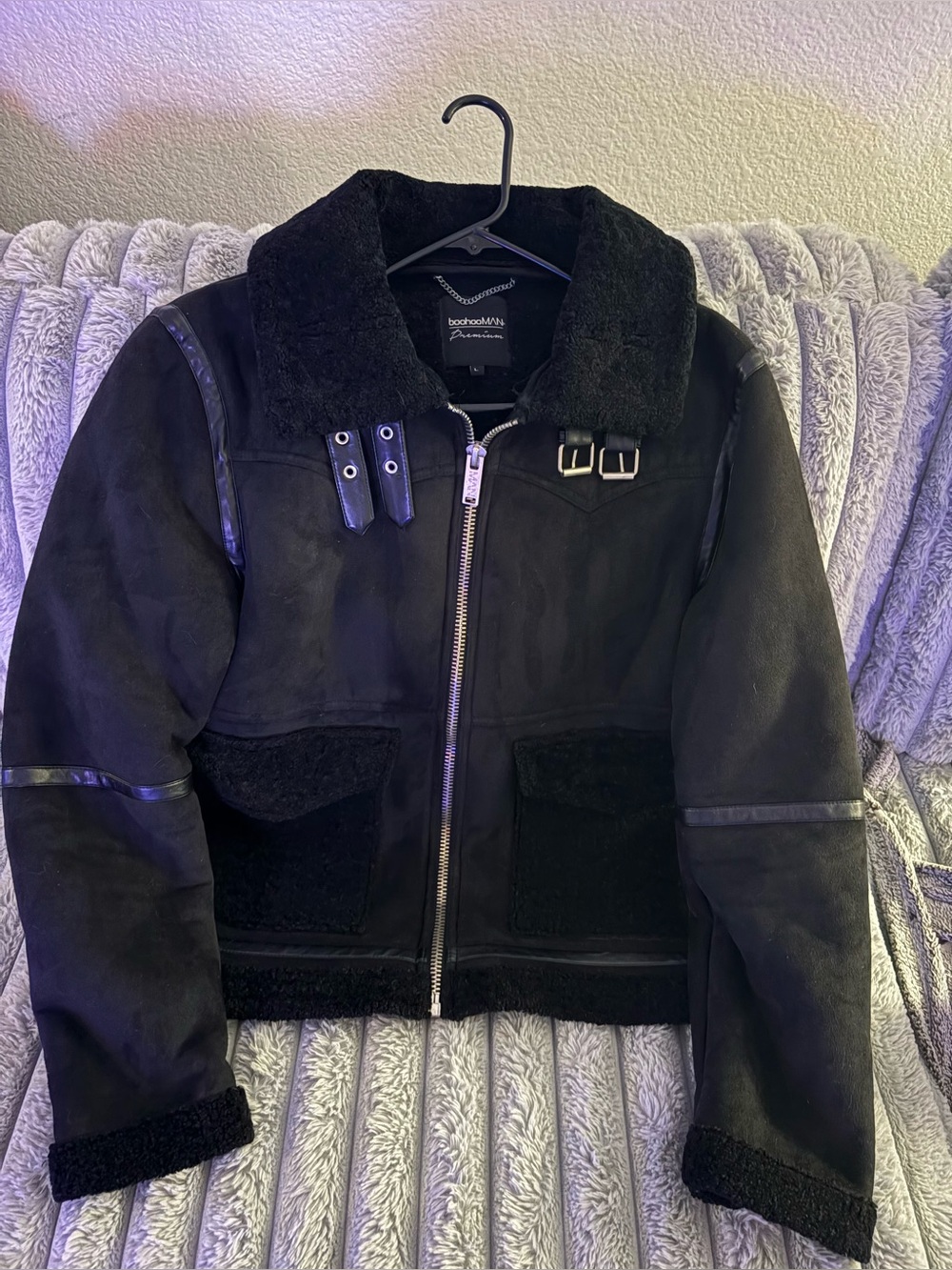 Boohoo Black Faux-Shearling Aviator Jacket - Men’s